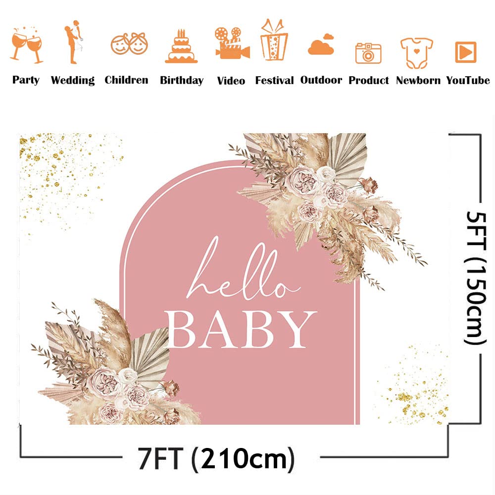 Highland Cow Baby Shower Backdrop - Boho Pink Rose Floral Photography Background For Girls Theme Parties