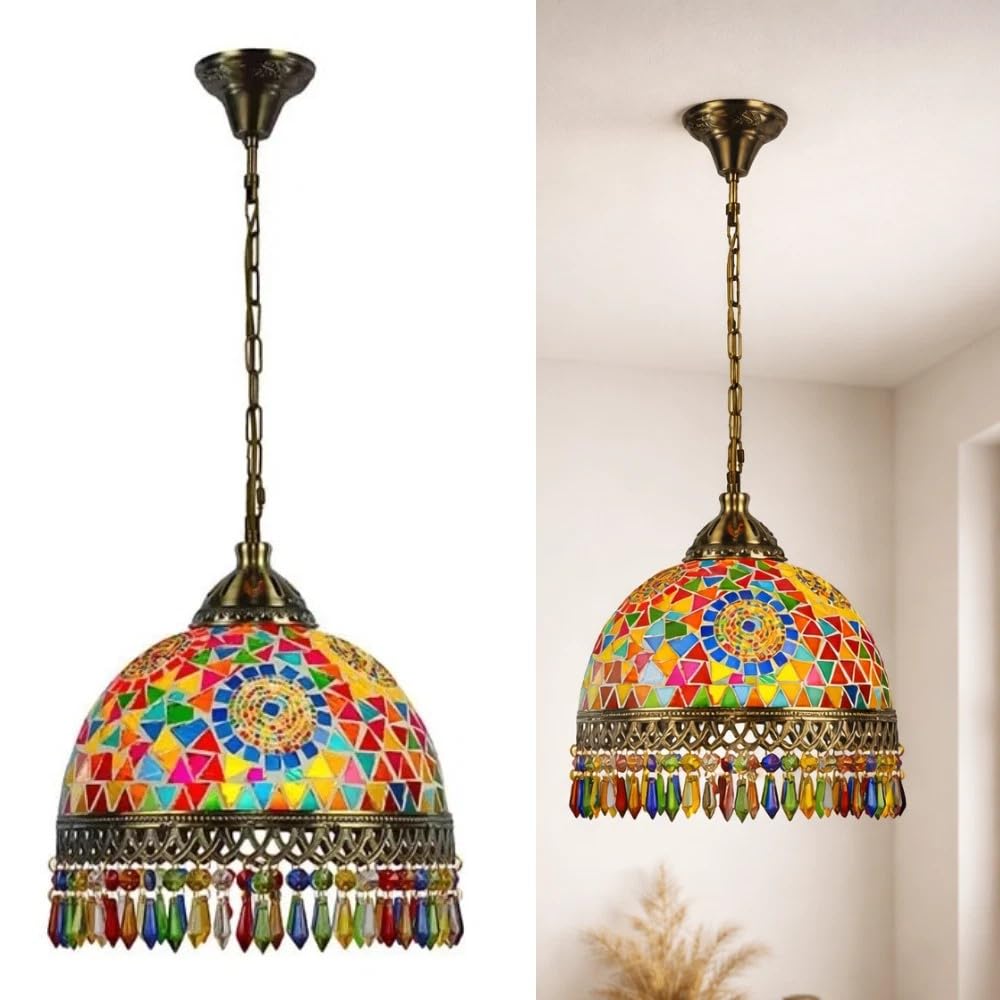 DC VOLTAGE Tiffany Style Amber Jewelled Glass Ceiling Light Shade Pendant Lights, Home Décor & Improvement Essential (30cm Shade Width)