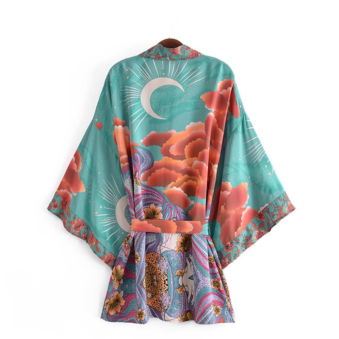 Moon Print Short Open Stitch Cover Ups Rayon Cotone Kimonos Donne