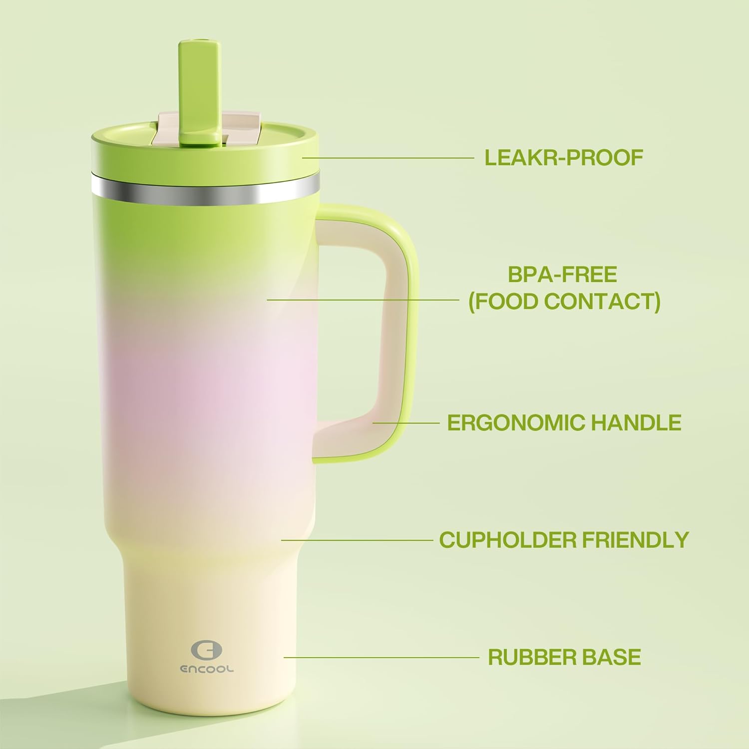 ENCOOL 40 oz Tumbler with Handle and Straw: Stainless Steel Insulated Tumbler Keeps Cold for 24 Hours, Leakproof Travel Cup Fits in Cup Holder and BPA-Free, Morning Dew - Image 3