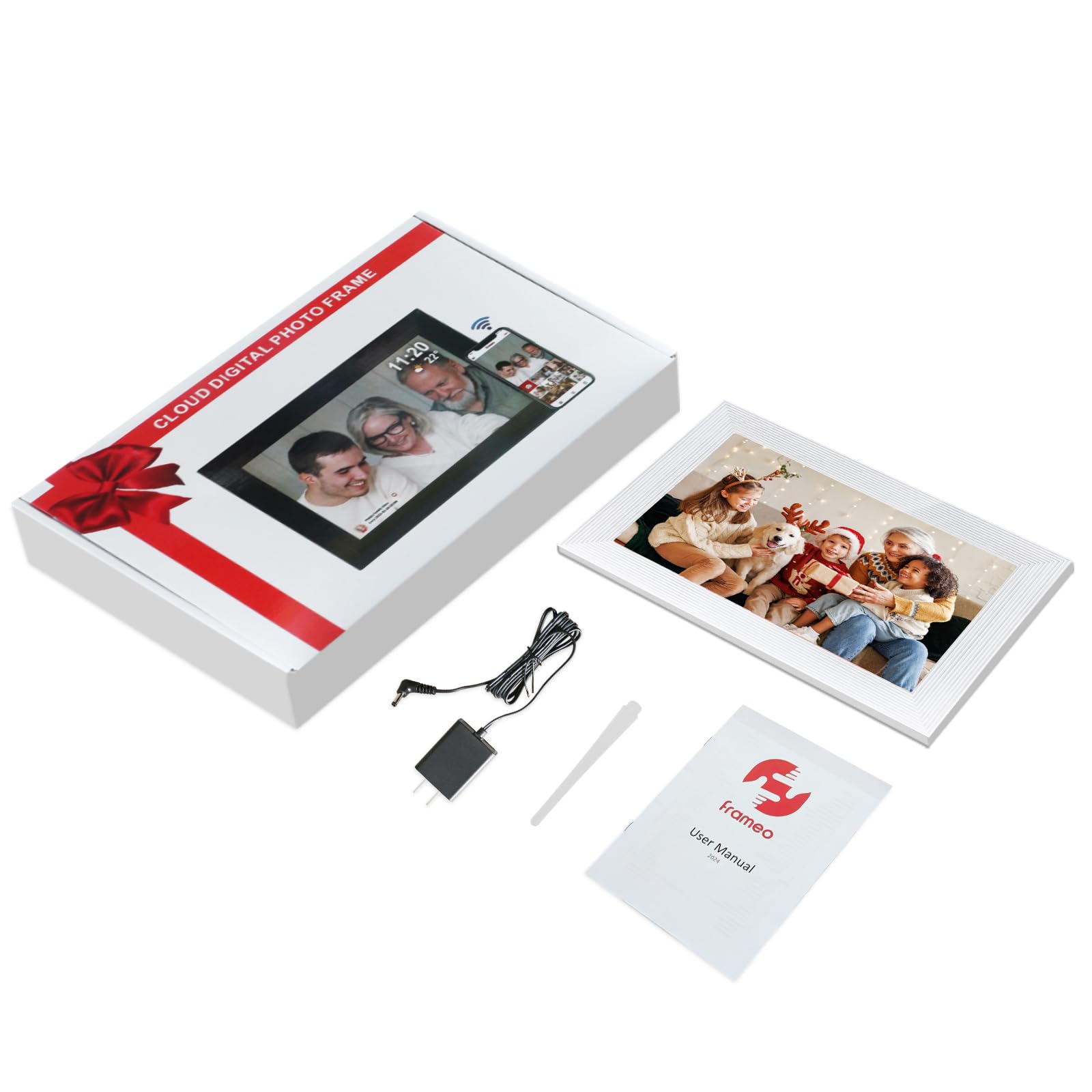 Frameo WLAN Digitaler Bilderrahmen 10.1 Zoll 1280x800 Touchscreen 16 GB Speicher Automatische Drehung Wandmontage weiß