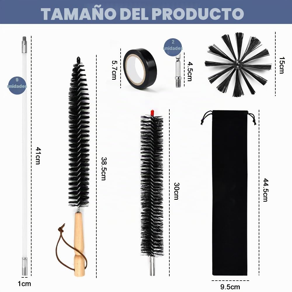 Kit de Deshollinamiento Limpieza de Chimenea,con 9 Varillas de 410mm, 2 Cepillos de 150mm, 1 Cepillo con Mango de Madera,1 Cepillo Largo, 1 Cinta Adhesiva, 2 Cabeza Hexagonal y 1 Bolsa de Tela