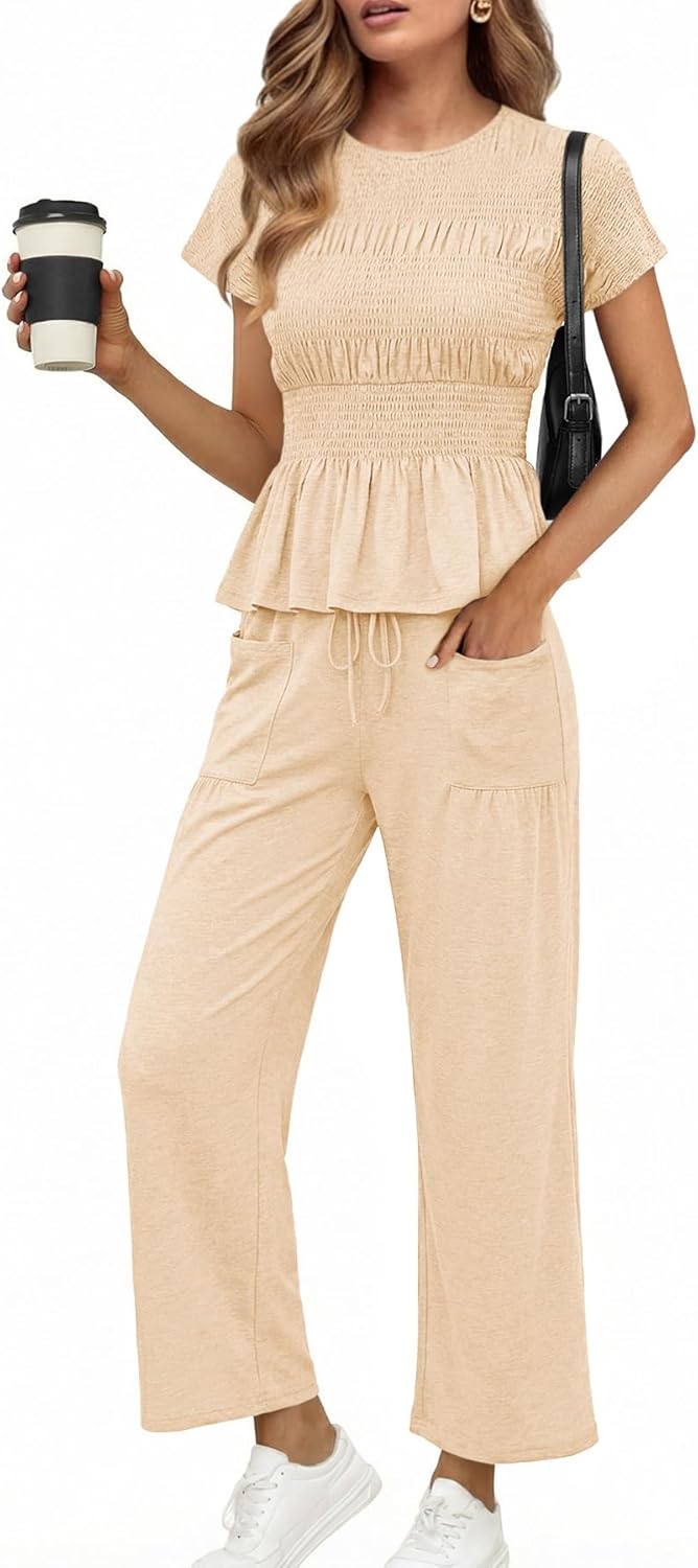Cicy Bell Womens 2 Piece Outfits Smocked Short Sleeve Tops Wide Leg Elastic Waist Pants Casual Boho Lounge Matching Sets