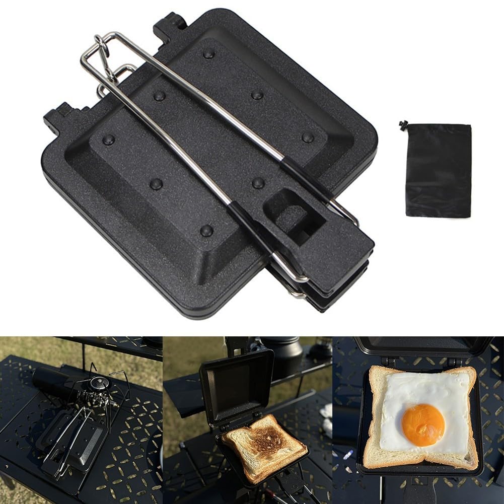Poêle à sandwich pliable portable en alliage d'aluminium pour le camping, la cuisine et le petit déjeuner