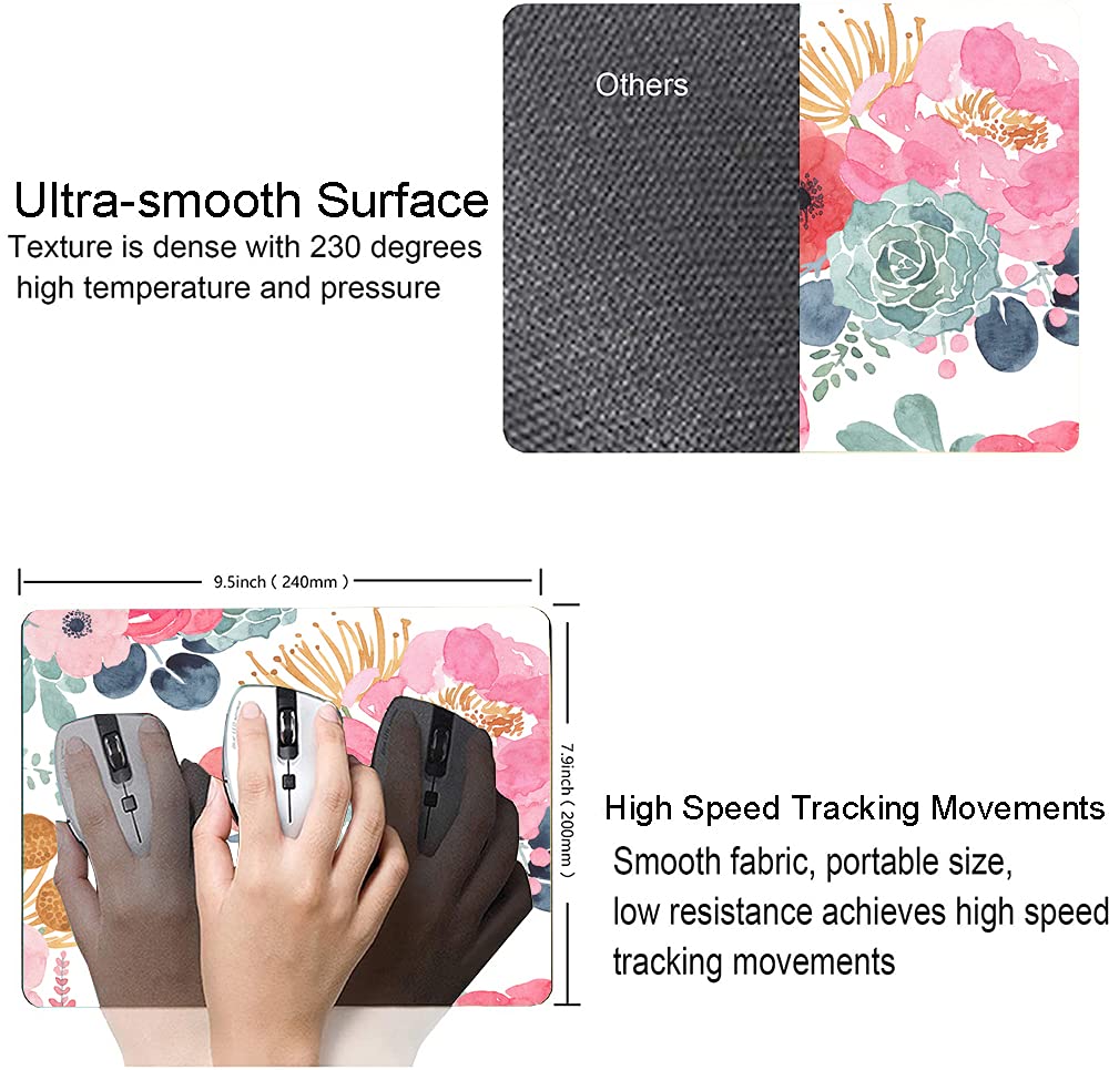 KUOSGM Mouse Pad, Premium-Textured Mouse Mat, Non-Slip Rubber Base Mousepad for Laptop, Computer & PC,9.5×7.9 in,Pink Green Flower