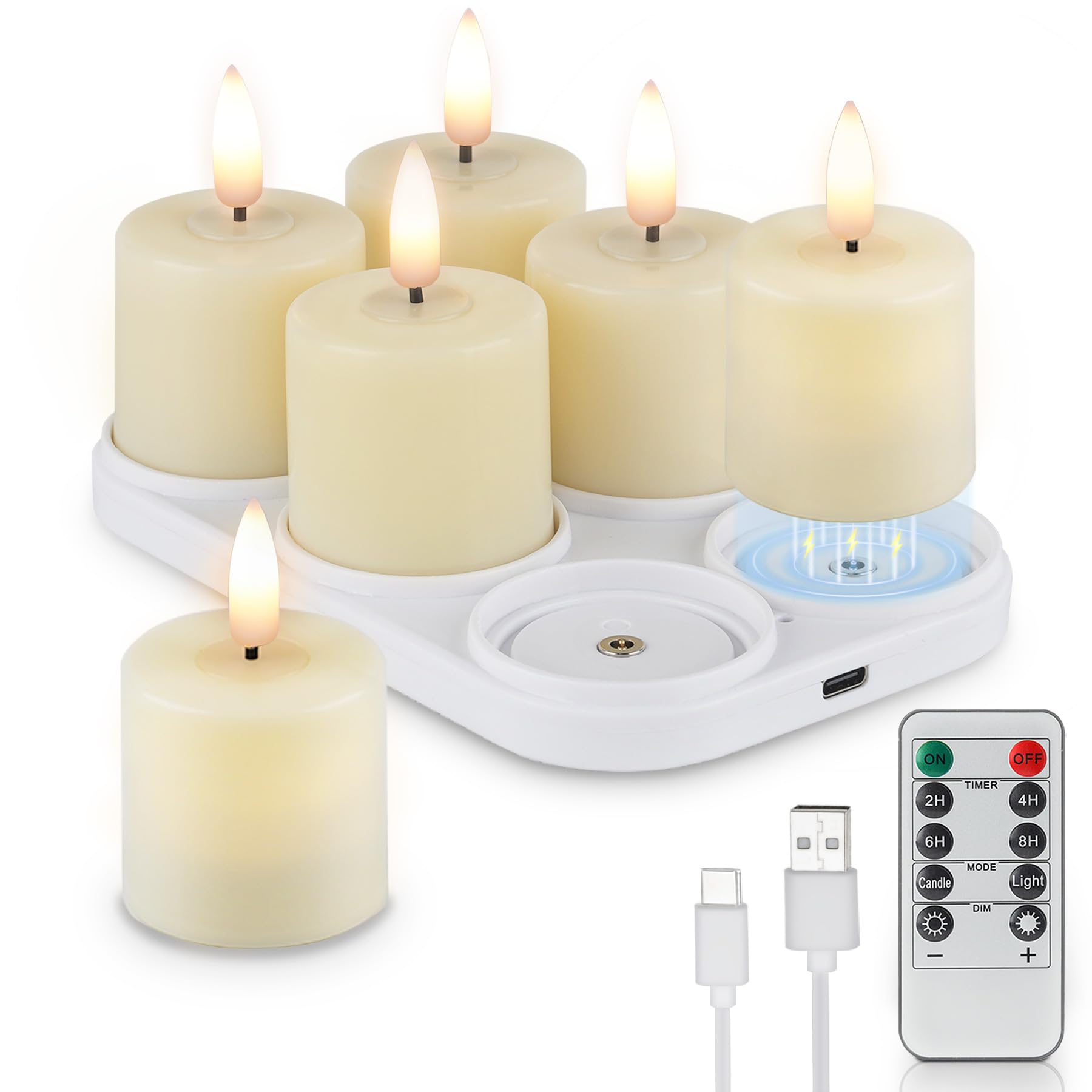 Rhytsing 6er wiederaufladbaren flammenlosen Votivkerzen mit Timer für Hausdekoration, LED Teelichter Kerzen batteriebetrieben mit Ladestation, Kabel USB-C- und Fernbedienung enthalten - D4cm x H6.8cm