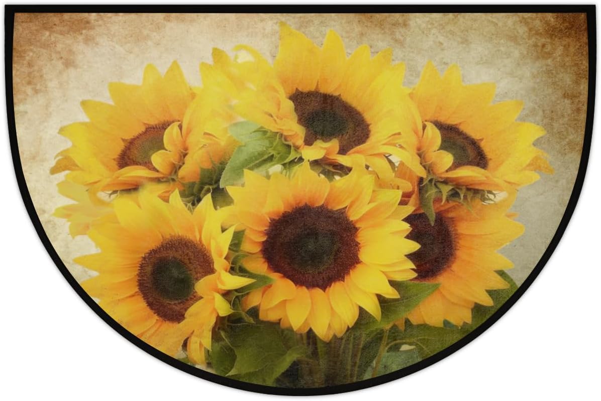 Half Round Door Mat Sunflower Summer Non-Slip Absorbent Welcome Doormats Washable Half Circle Area Rug for Home Indoor Entrance High Traffic Areas, 24" x 36"