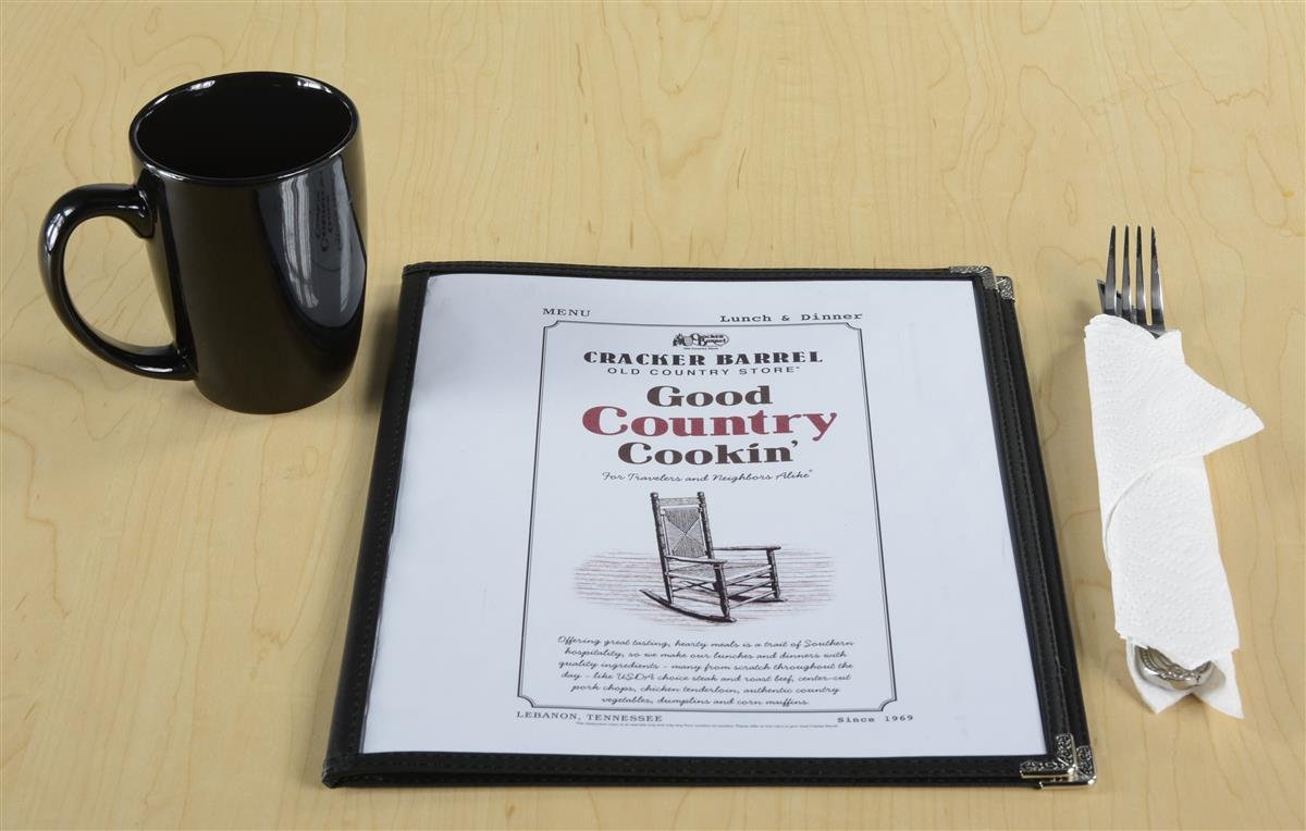 Set of 10, Double Fold Menu Covers for 8.5x11 Sheets, Black Synthetic Leather, Decorative Metal Corners