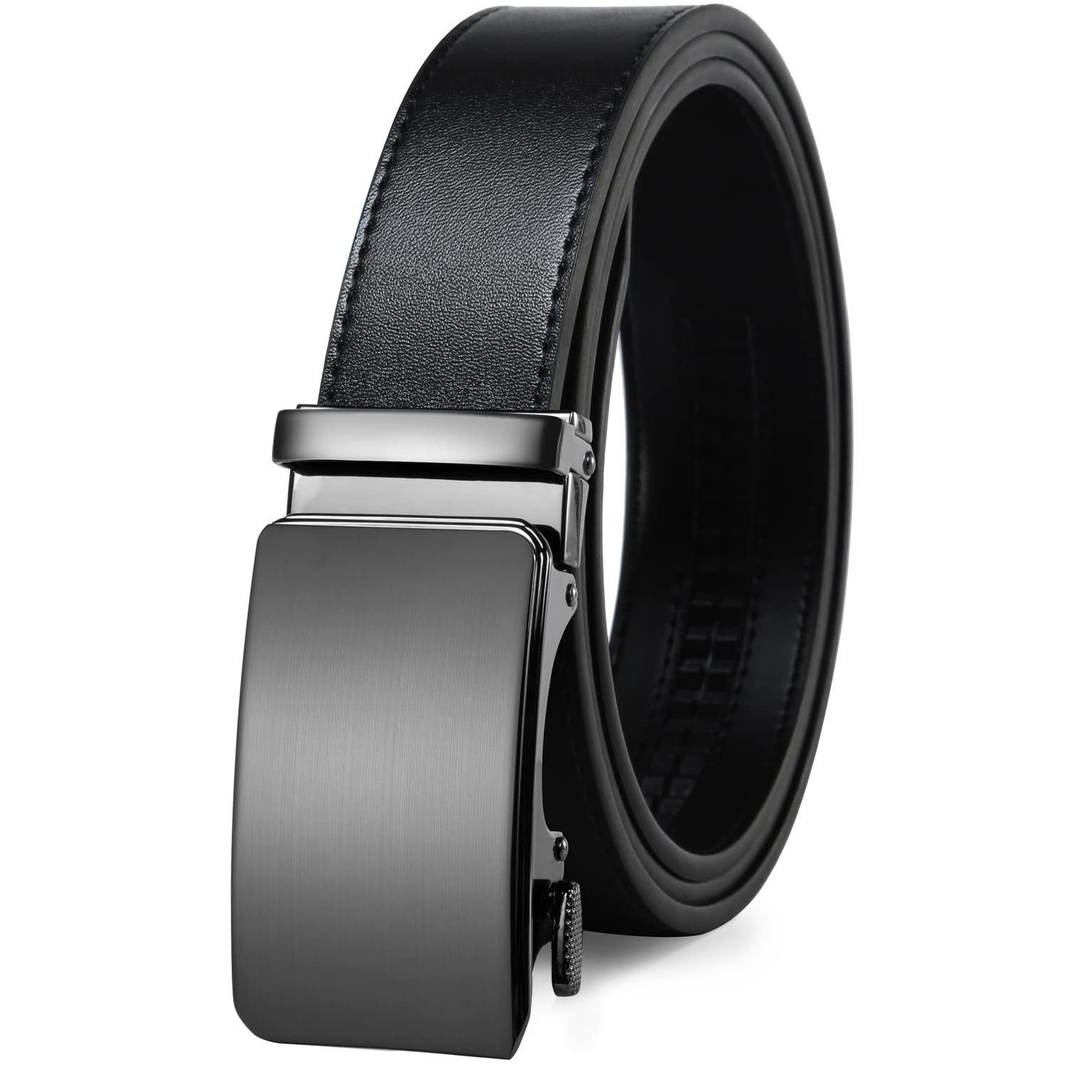 Drowsmen Leather ratchet belt 1 3/8" with Click Sliding Automatic Buckle, Adjustable belt Trim to Fit
