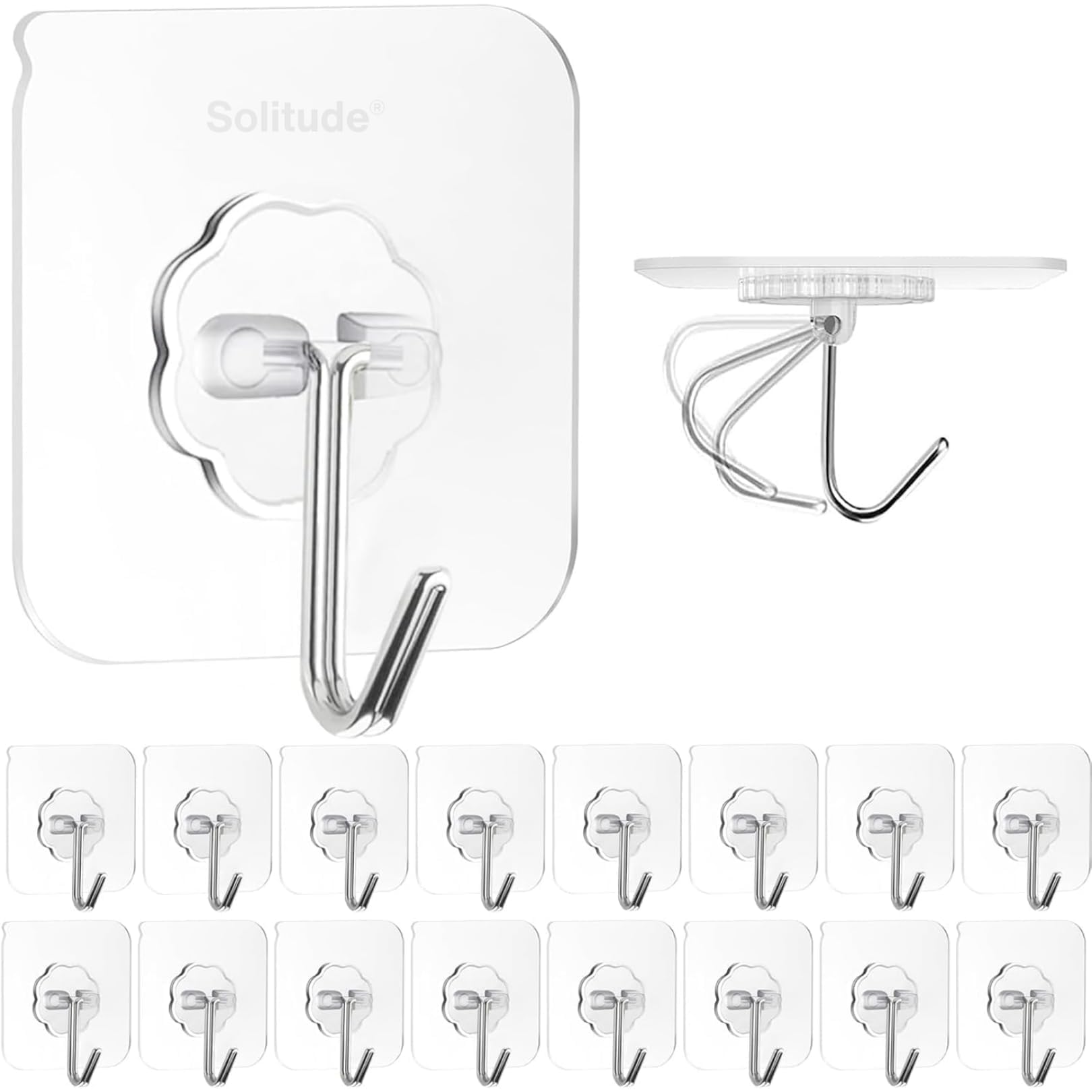 Solitude 20 Pieces PVC Heavy Duty Self Adhesive Stainless Hooks Transparent Waterproof and Oilproof Wall Hooks for Kitchen, Bathroom Shower Door Outdoor Home Improvement Utility Hook