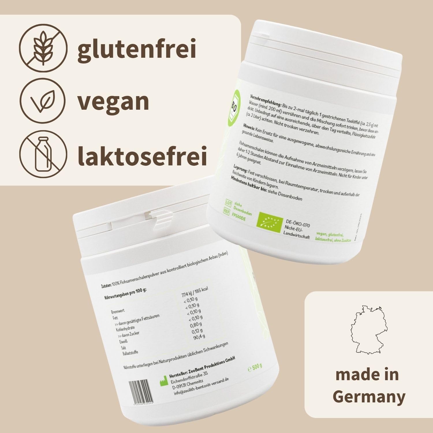 Cáscaras de semillas de psyllium orgánicas en polvo, 500 g, molidas – 99% de pureza, 90% de fibra, vegano, sin gluten, sin aditivos, probado en laboratorio, ideal para nutrición consciente