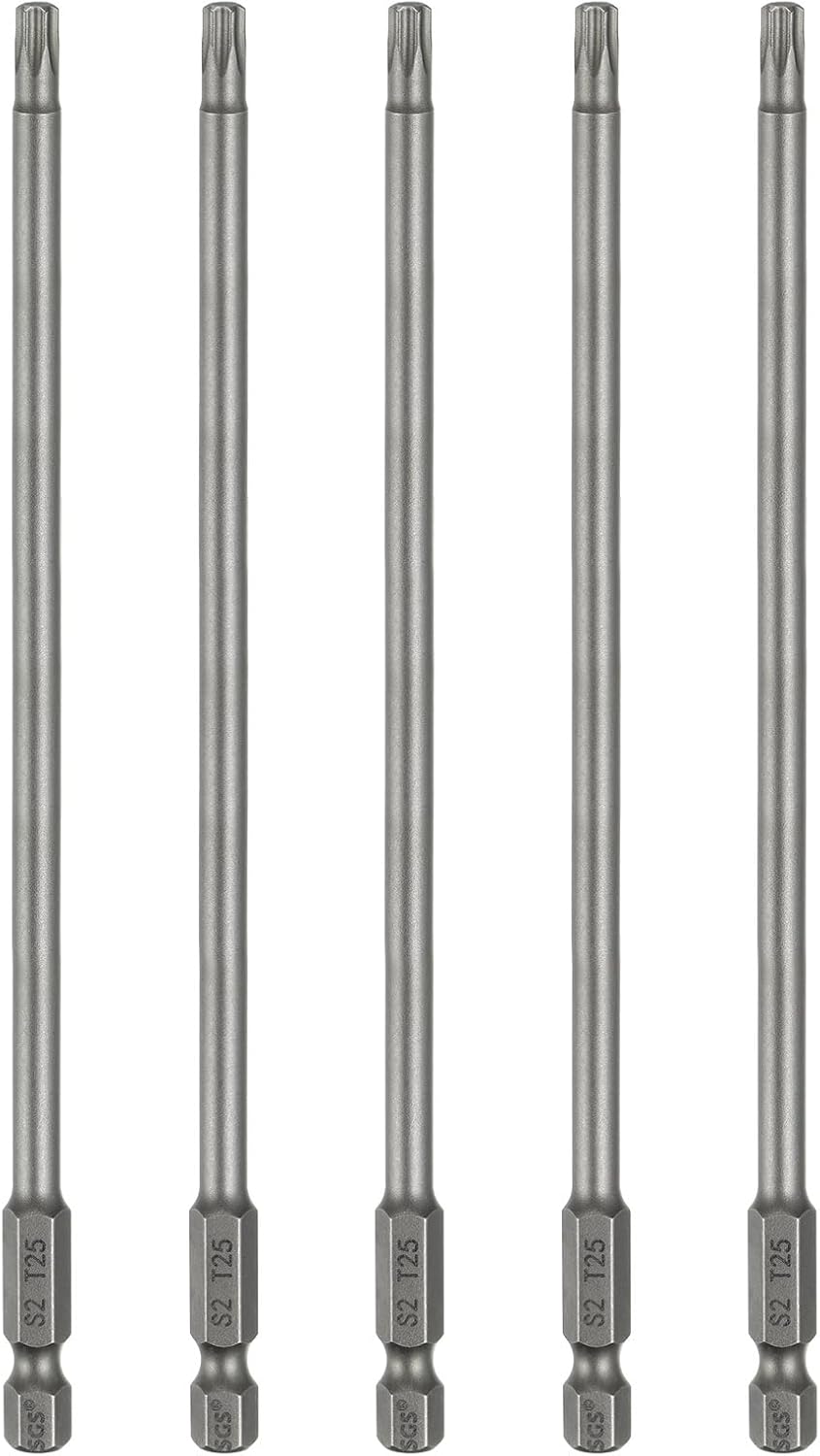 HARFINGTON 5pcs T25 Torx Head Screwdriver Bit 1/4" Hex Shank 6" (150mm) Long Magnetic No Hole Tip Tamper Proof 6 Point Star Screw Driver Drill Bits S2 Steel Industrial Power Screwdrivers