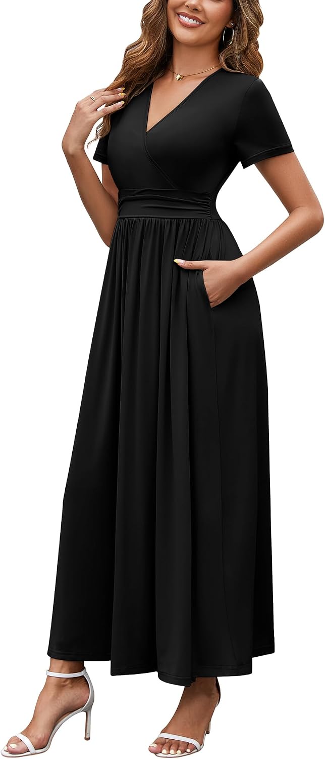 WEACZZY 2026 Summer Long Dresses for Women Wrap Empire Pleated Waist V Neck Short Sleeve Elegant Maxi Dress with Pockets image 3