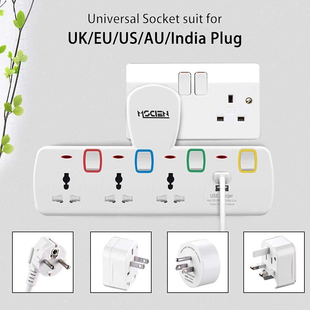 Buy Mscien 3 Way Plug Extension with 2 USB Multiplug Wall Socket