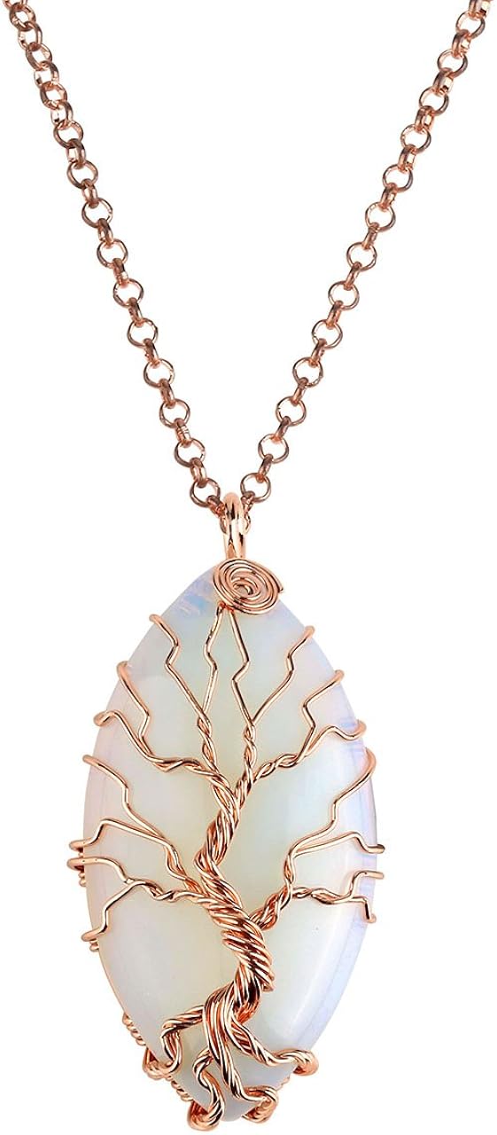Jovivi Vintage Teardrop/Heart Natural Gemstones Healing Crystal Stone Necklace Wire Wrapped Copper Tree of Life Chakra Pendant for Women Men Mother's Father's Day Gifts