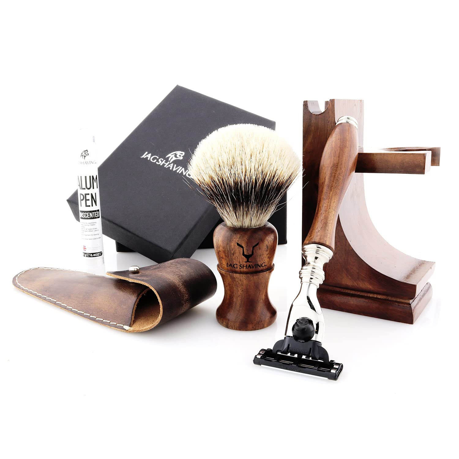 Jag Shaving Zestaw do golenia – trwały 4-częściowy zestaw do golenia z drewna – włosie srebrne, pędzel do golenia z włosia borsuczego – 3 ostrza do golenia – stojak do golenia – skórzany pokrowiec do golenia