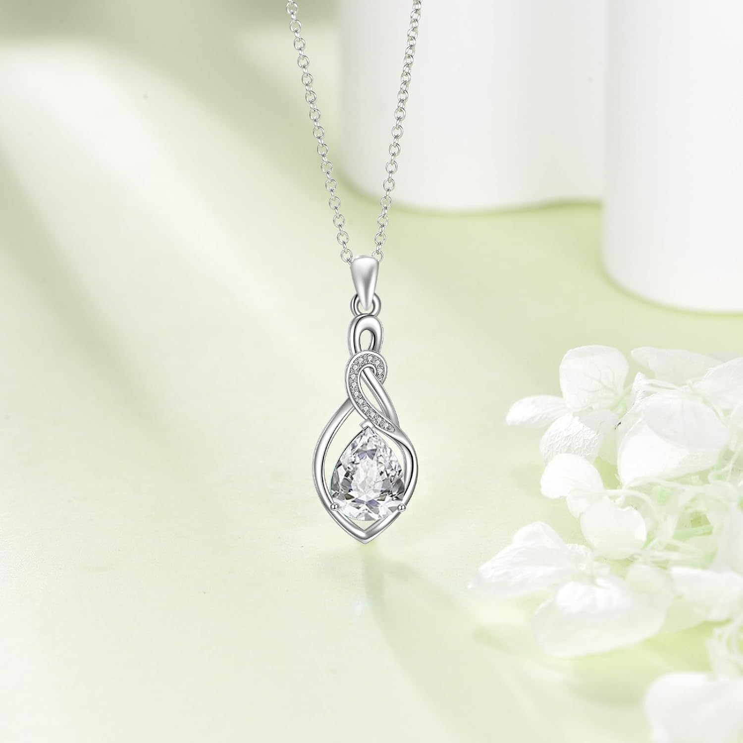 Teardrop Birthstone Necklace for Women 925 Sterling Silver Infinity Created Gemstone Pendant Necklaces Christmas Birthday Jewelry Gifts for Wife Mother Her, 18"+2" - Image 4