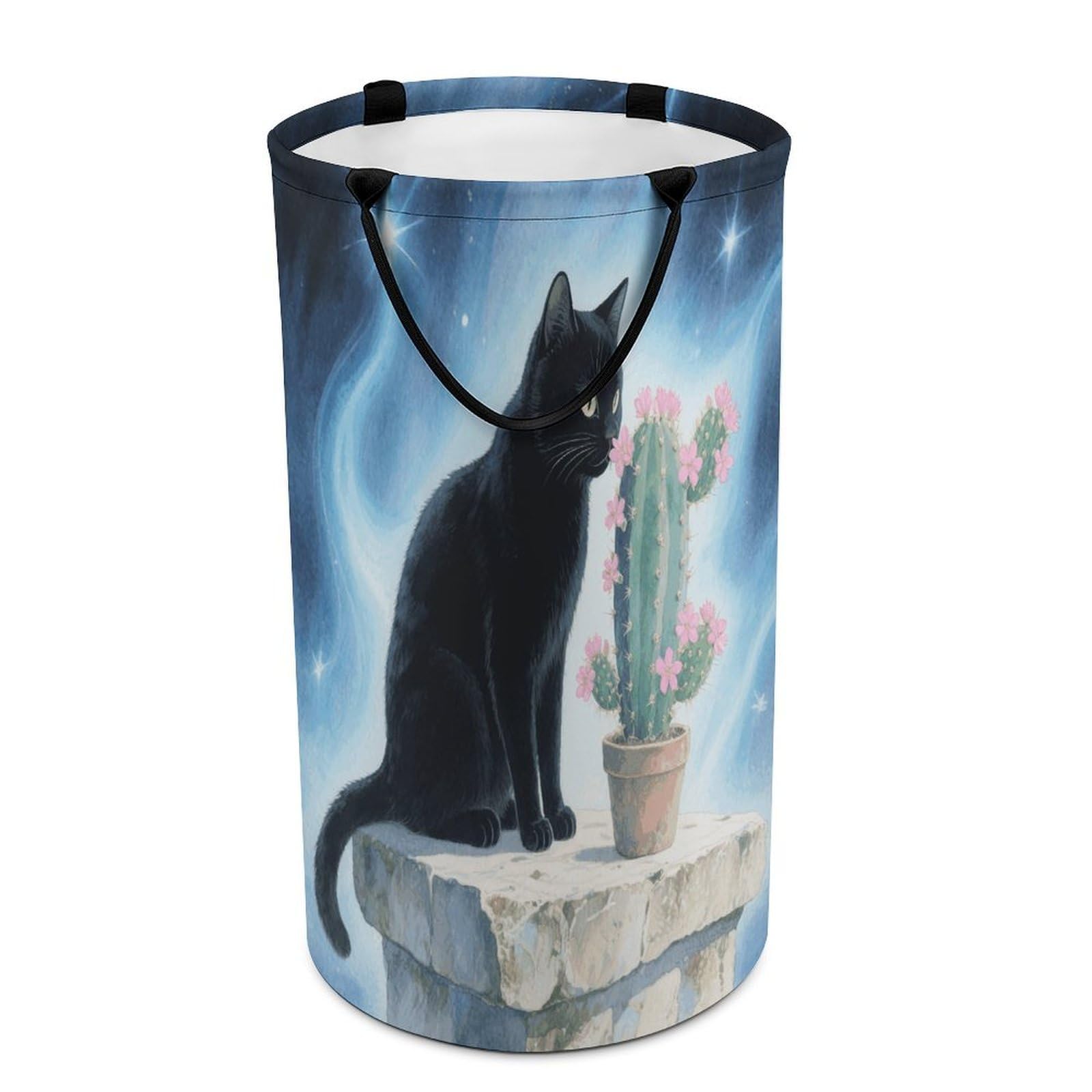 Black Cat Cactus Laundry Basket with Handles Large Collapsible Laundry Bag Freestanding Waterproof Clothes Hamper Decor Storage of Dirty Clothe for Family Bathroom 86L