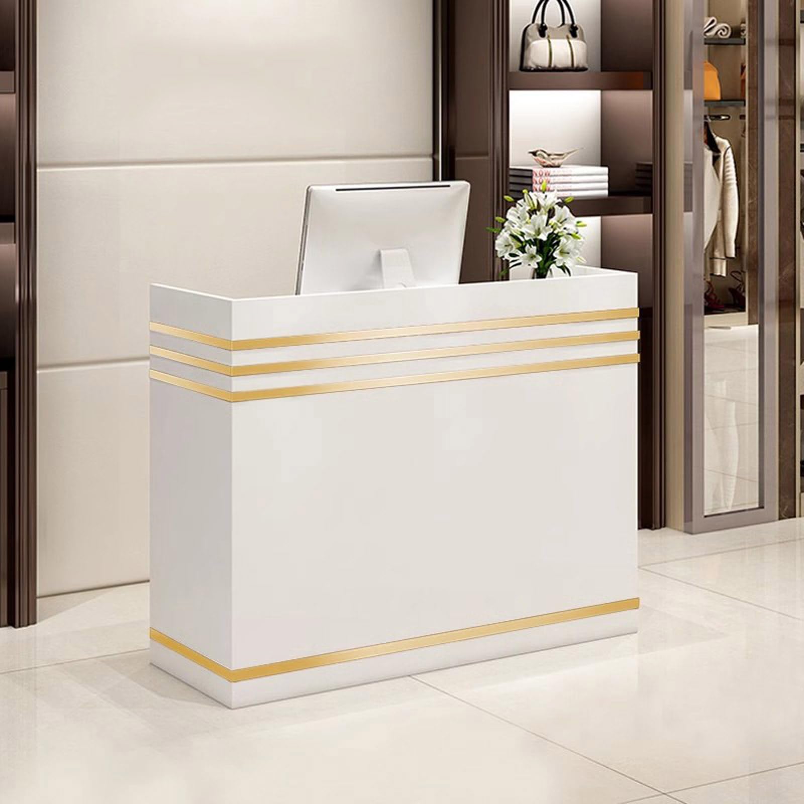Reception Desk, Wooden Counter Table for Checkout & Retail, Modern Front Desk Reception Counter with 2 Lockable Drawers, Golden Tapes, for Office Boutique Spa (White)