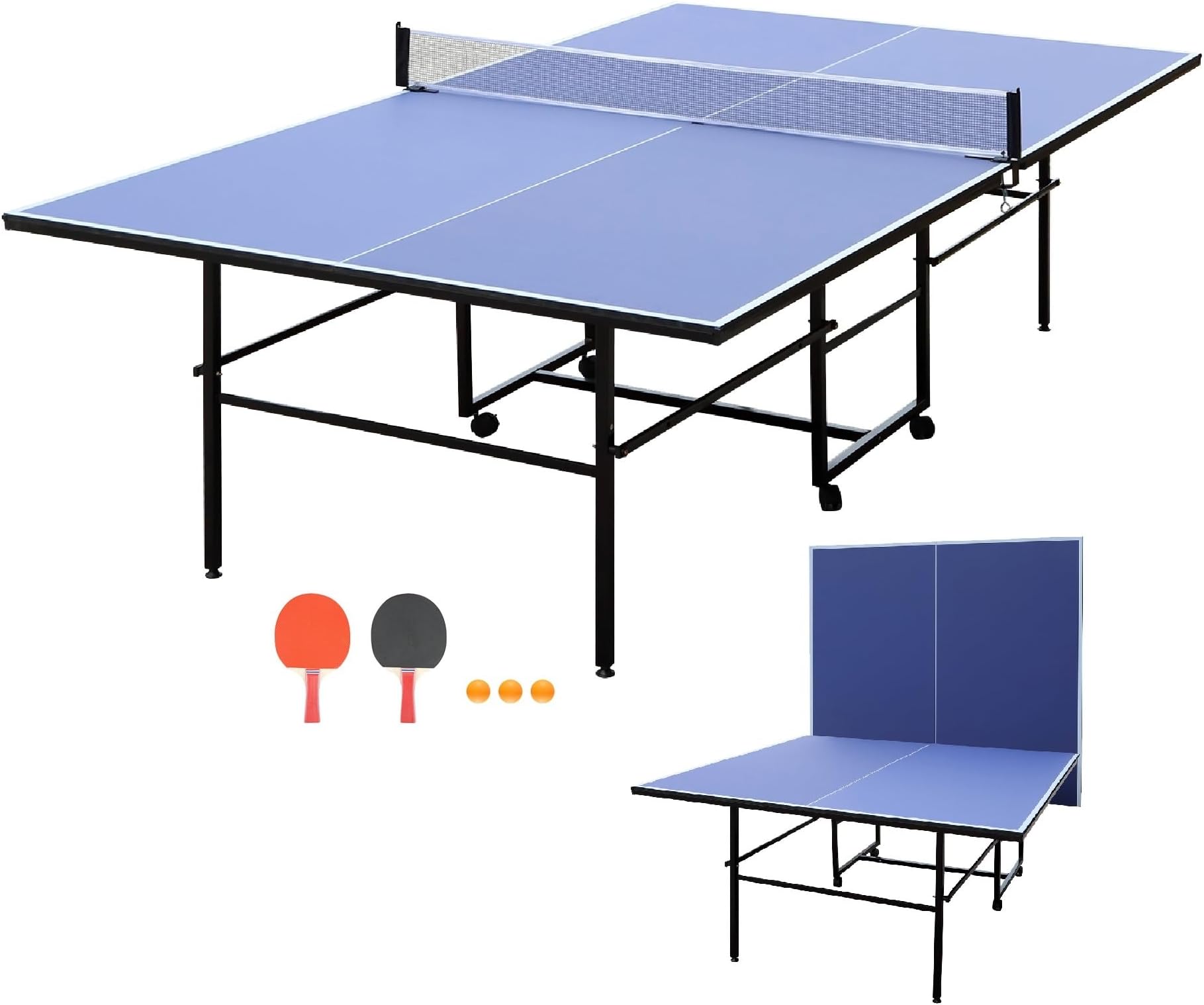 Portable Ping Pong Table, Mid-Size Foldable Table Tennis Table w/Net, 2 Paddl...