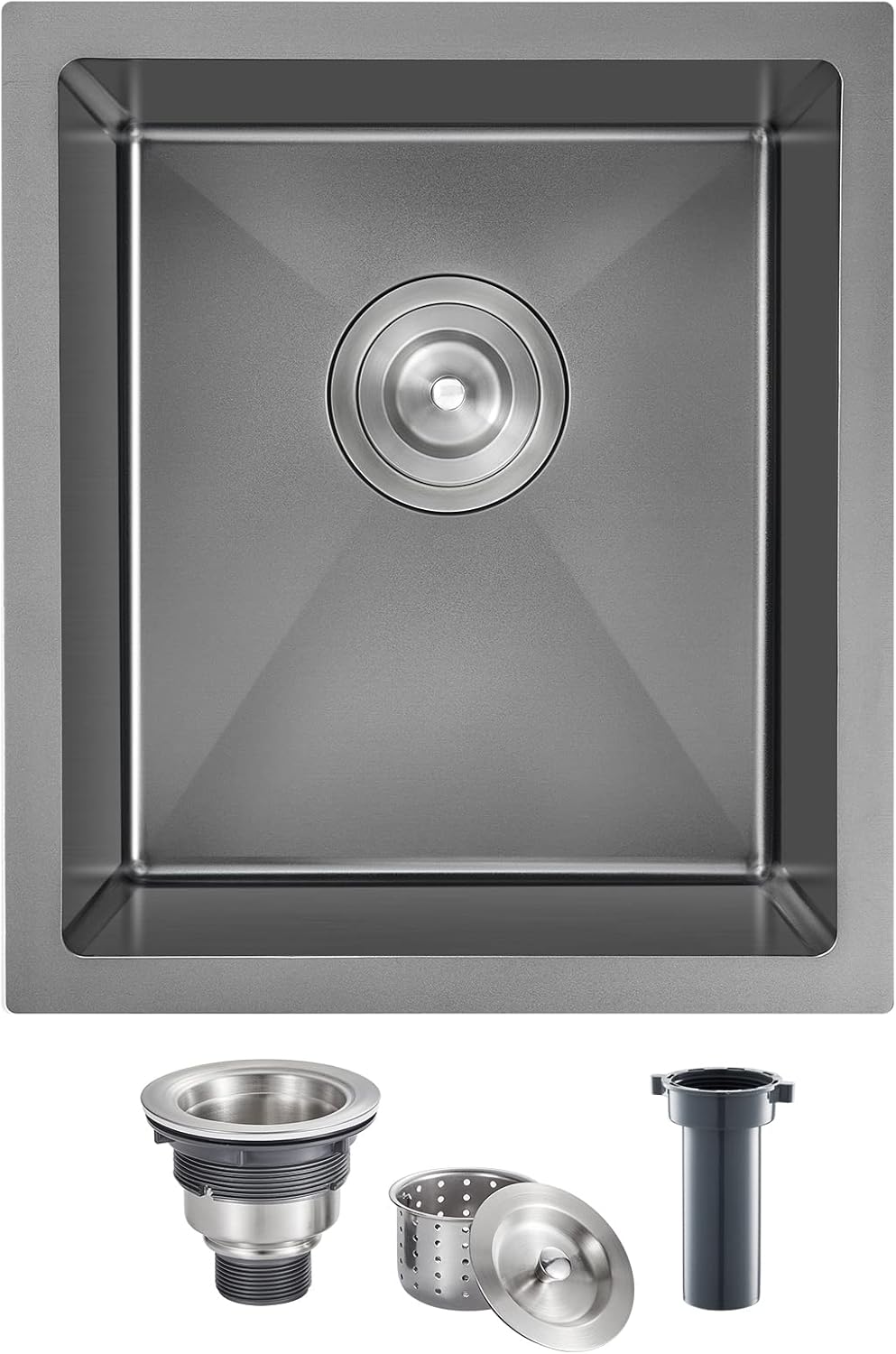 15 inch Bar Sink, KINKIB 15 x 17 inch Undermount Kitchen Bar Sink Single Bowl Black, Handmade T-304 Stainless Steel Bar Sink with Strainer