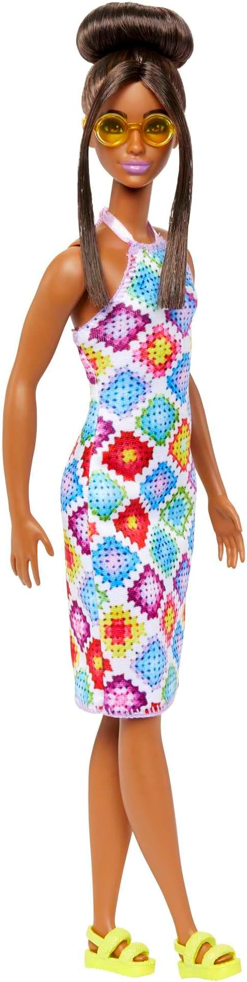 Barbie® Fashionistas™ Doll #210 with Brown Hair in Bun, Wearing Colorful Crochet Halter Dress, Sunglasses and Sandals