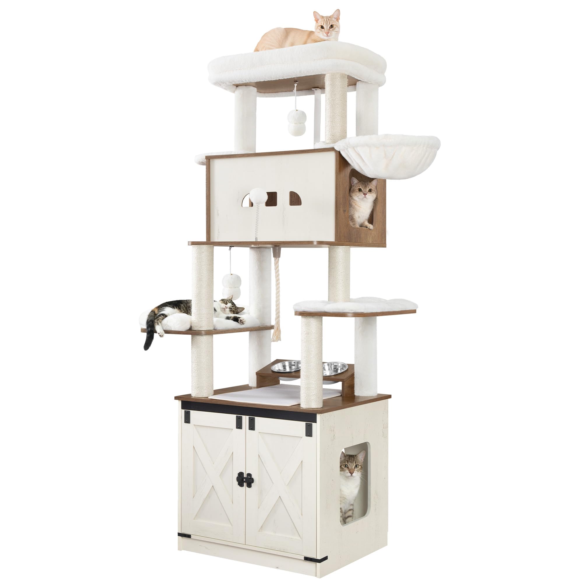 Hzuaneri Kratzbaum mit Katzenklo Schrank, 173 cm Hoch, Weiß und Braun | Kratzbaum, Futterstation, Großer Plattform, Sisalseil, Hängematte, Waschbares Kissen, Plüschbälle, Weiß und Braun CB89014WT
