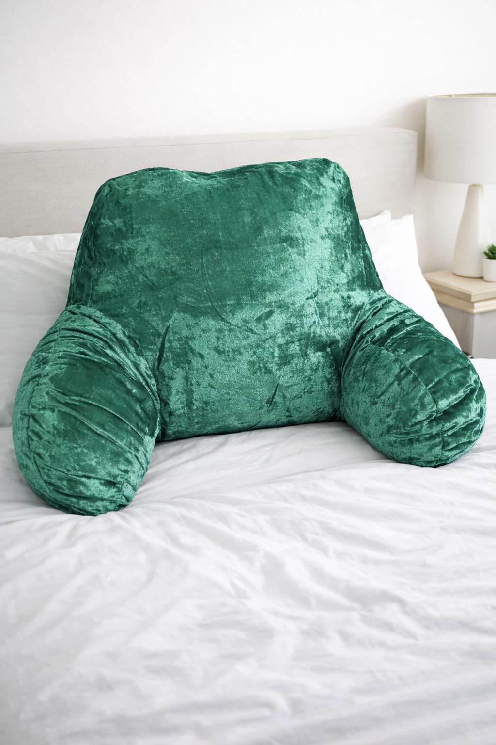 INSAFIANS Reading Pillow Crushed Velvet with Arms Super Soft Cozy Back Support Cushion for Adults Kids Bed Rest Pillow (Green)