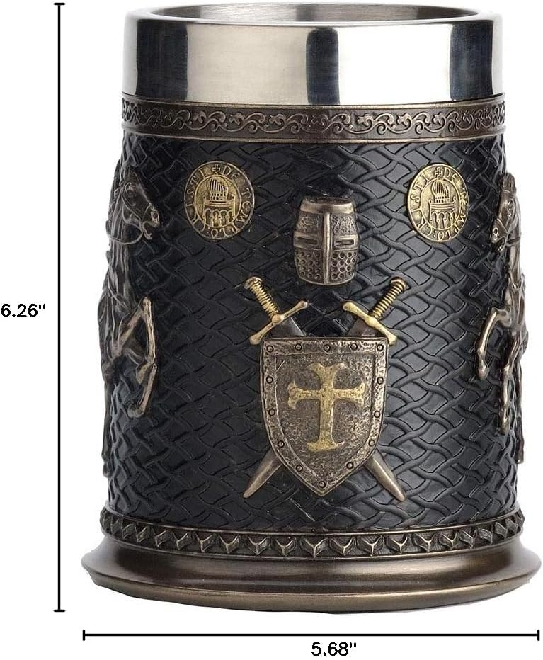 Veronese Design 5.75 Inch 0.5 L Crusader and Saladin Templar Sigil Beer Stein with Stainless Steel Tumbler Sculpture Cup Figurine Mug - Image 5