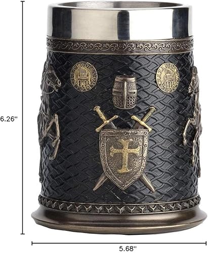 Miniatura 5 de Veronese Design 5.75 pulgadas 0.5 L Crusader And Saladin Templar Sigil Beer Stein con vaso de acero inoxidable escultura taza estatuilla taza