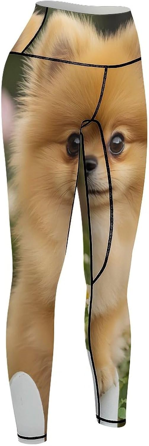 Funny Pomeranian Dog Leggings for Women High Waist Yoga Pants Tummy Control Workout Pants for Athletic Gym