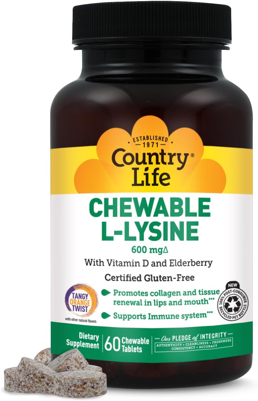 Country Life Chewable L-Lysine Supplement with Vitamin D and Elderberry, Immune Support and Collagen Renewal for Skin Tissue, Ideal for Adults