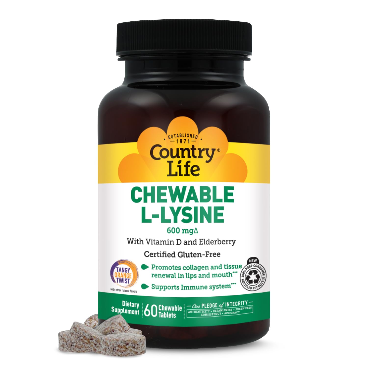 - Country Life Chewable L-Lysine Supplement with Vitamin D and Elderberry, Immune Support and Collagen Renewal for Skin Tissue, Ideal for Adults