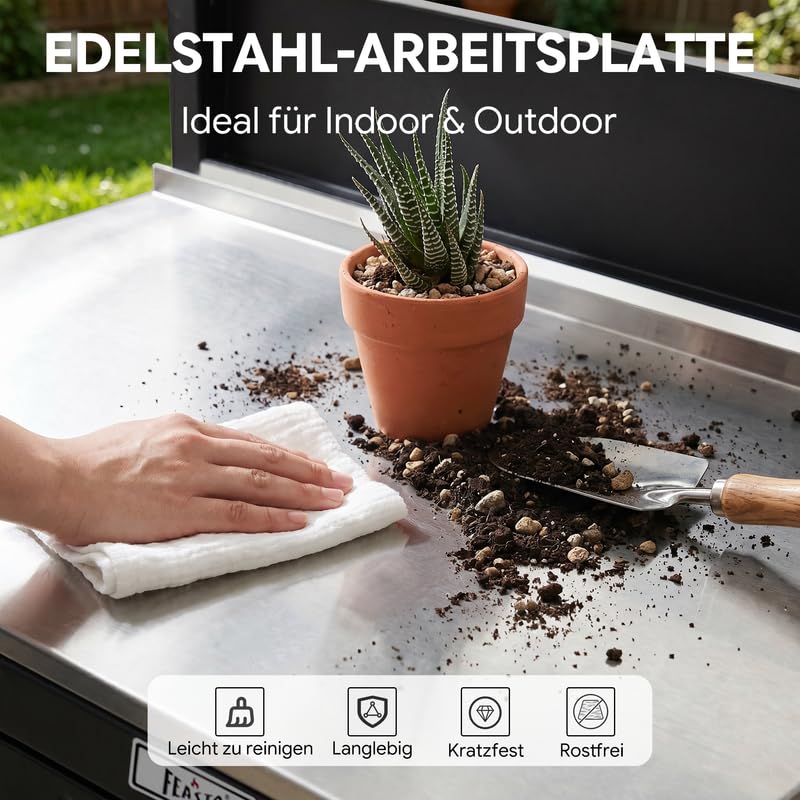 Feasto Gartenschrank wetterfest mit Edelstahl-Arbeitsplatte, 2 verstellbare Regalböden, Pflanztisch aus Metall für Gärten & Terrasse, 80x48x113 cm