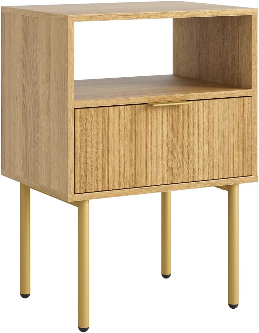 Masupu Night Stand,Mid-Century Modern Bedside Table with Storage Drawer and Open Wood Shelf,Small Gold Frame Side Table for Bedroom,Living Room, Natural