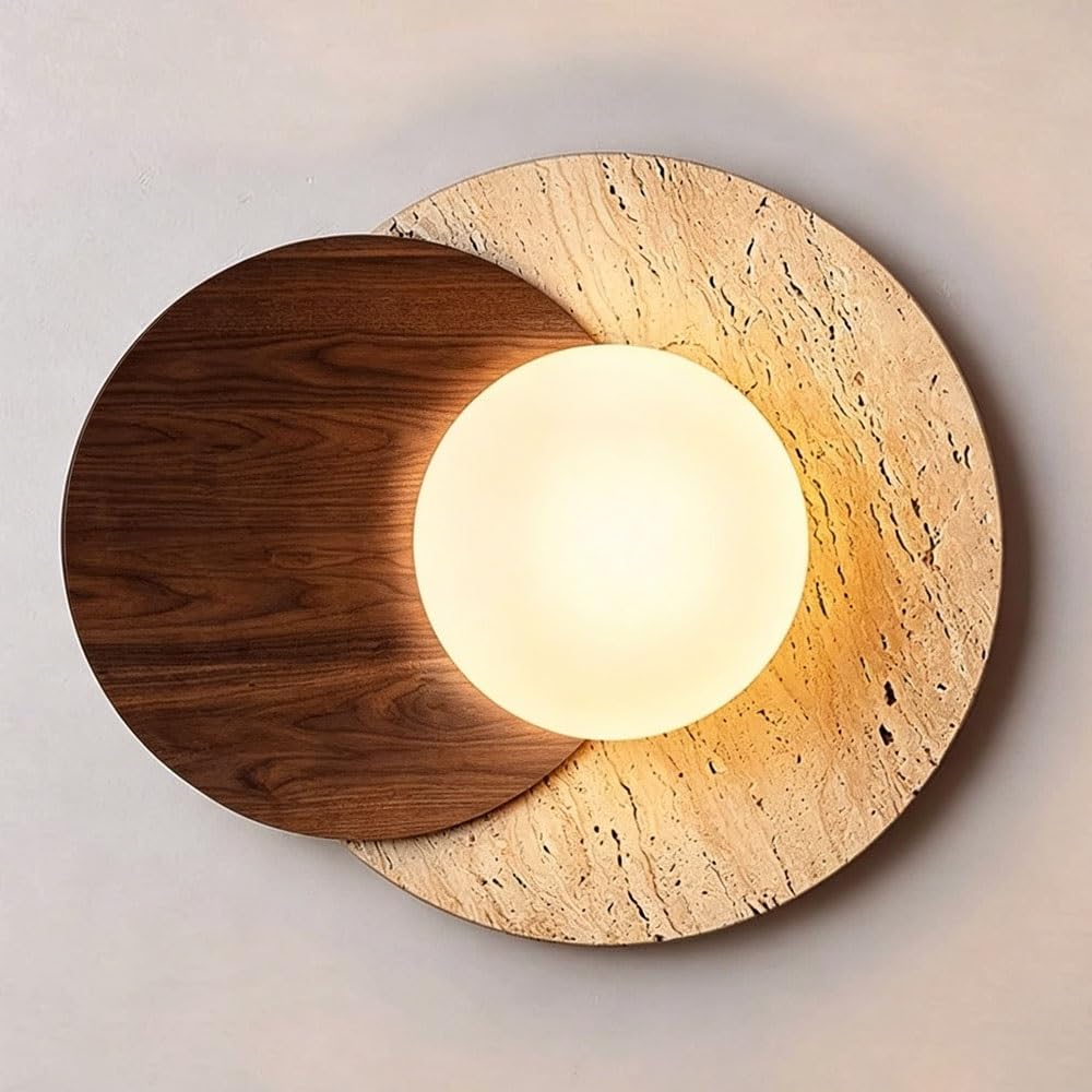 LUOYAOB Japanese Round Travertine Wall Sconce Beige Travertine Indoor Wall Light with White Glass Shade Round Natural Stone Lighting Fixture for Bedroom & Living Room(Brown)