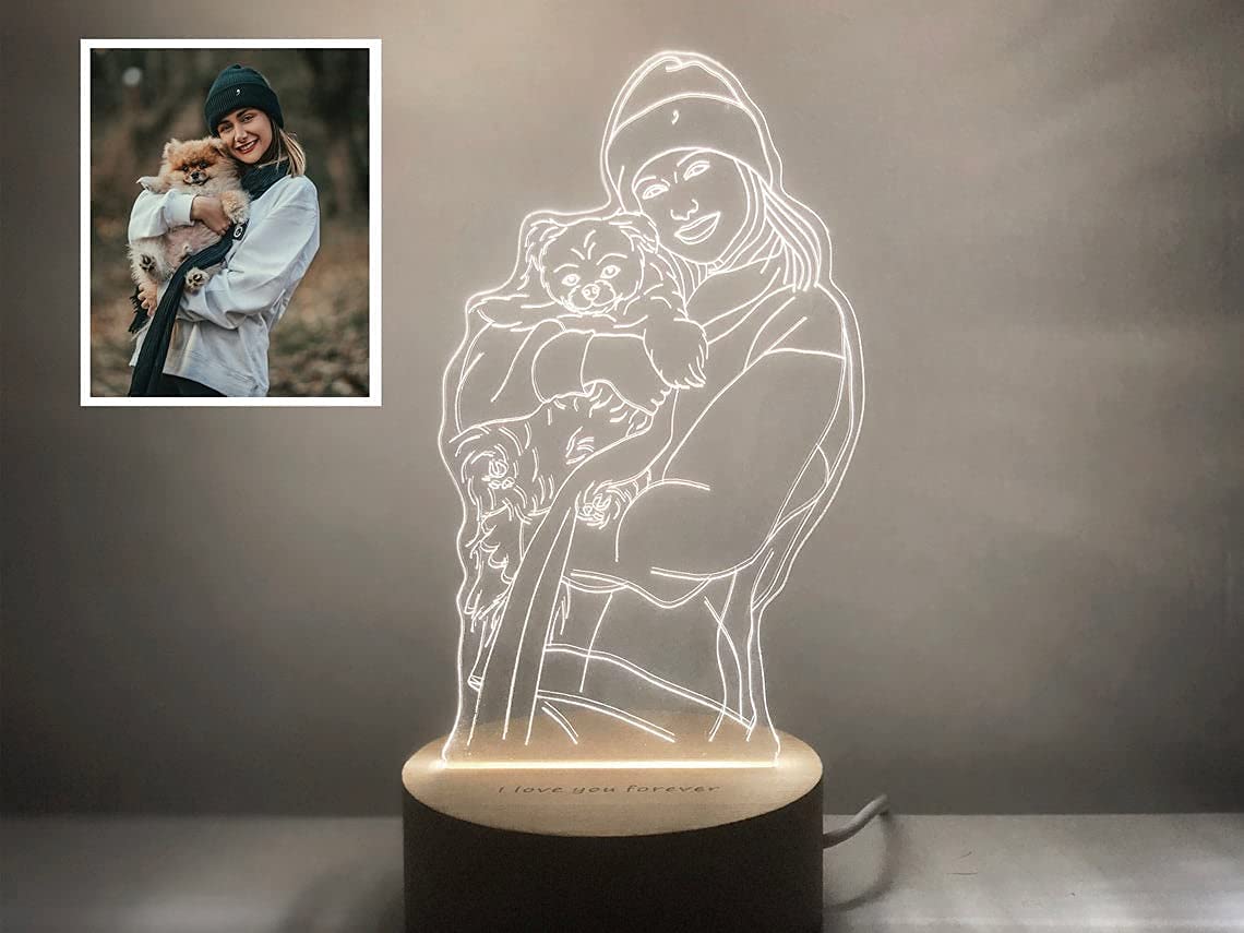 Naispanda Personalised Romantic 3D Photo Lamp Customised Night Light Handmade Art Picture Engraving Illusion Light Up Sign Plaque with Round Wood Base Anniversary Valentines Birthday Gift for Couples