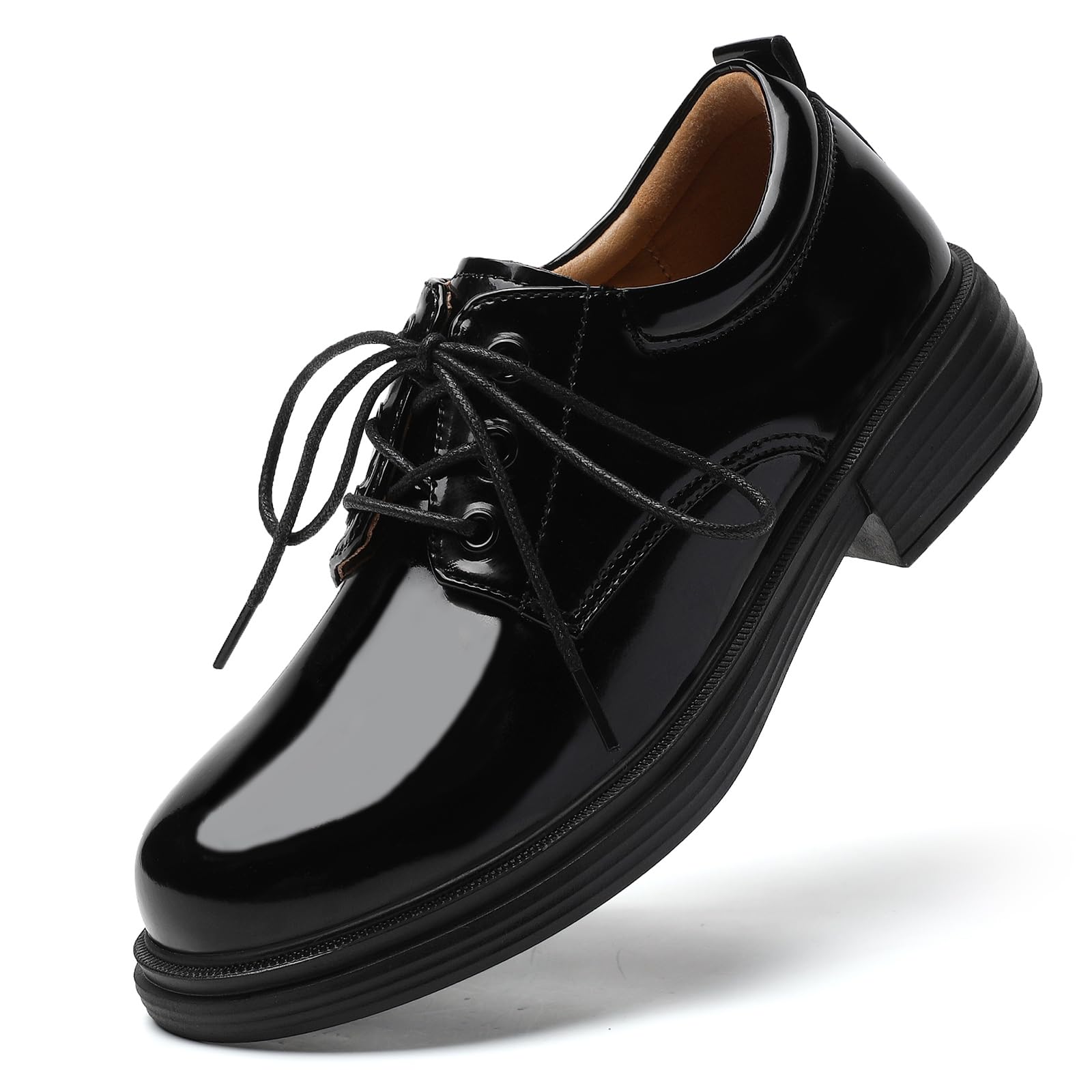 OKJ Oxford Shoes for Women Black Tie Womens Oxfords Shiny Leather Comfortable Slip on Lace up Ladies Loafers