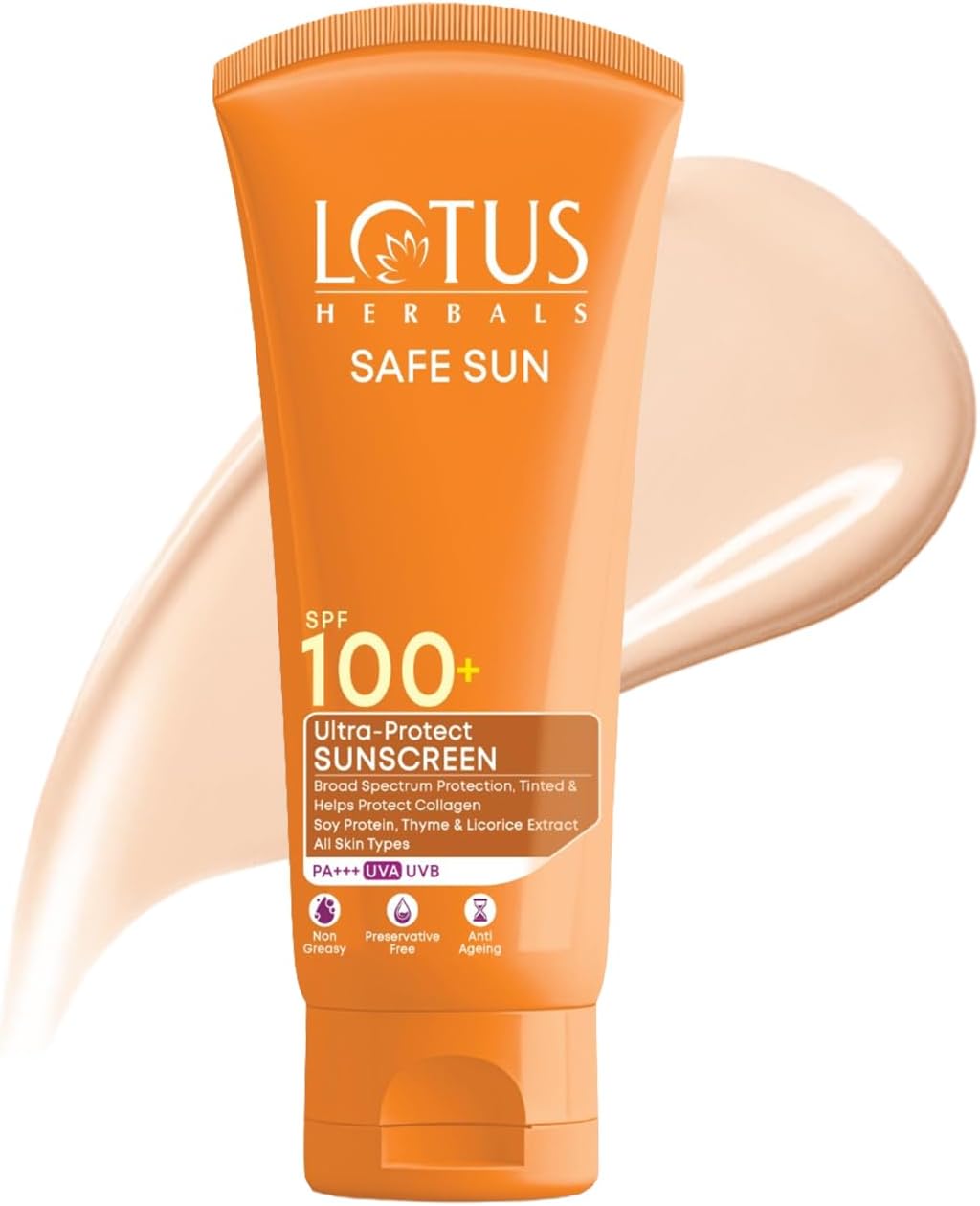 Lotus Herbals Safe Sun Ultra - Protect Sunscreen SPF 100+ And PA+++ | With Soy Protein, Thyme And Licrorice Extracts | Tinted | Helps Protect Collagen | Anti-Ageing & Non Greasy | Preservative Free | For All Skin Types | 50g