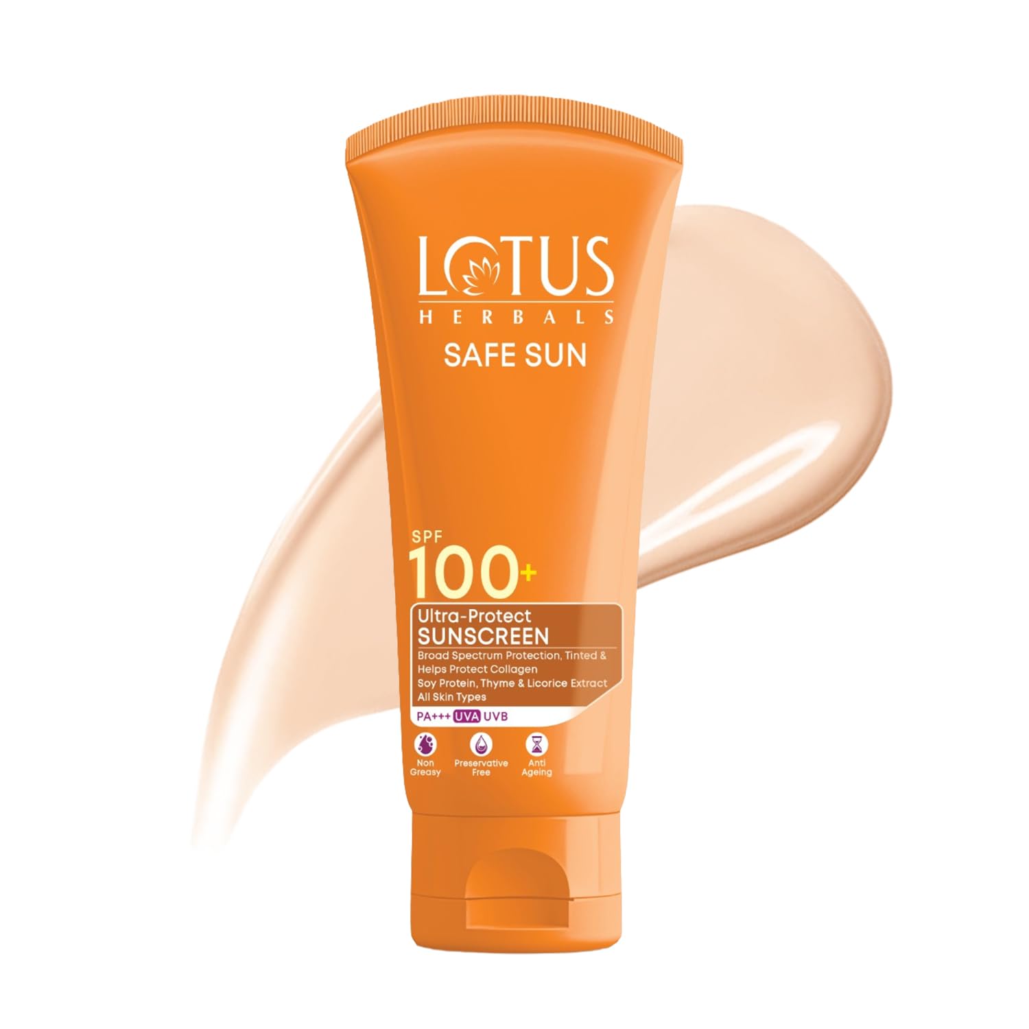 Lotus Herbals Safe Sun Ultra - Protect Sunscreen SPF 100+ And PA+++ | With Soy Protein, Thyme And Licrorice Extracts | Tinted | Helps Protect Collagen | Anti-Ageing & Non Greasy | Preservative Free | For All Skin Types | 50g