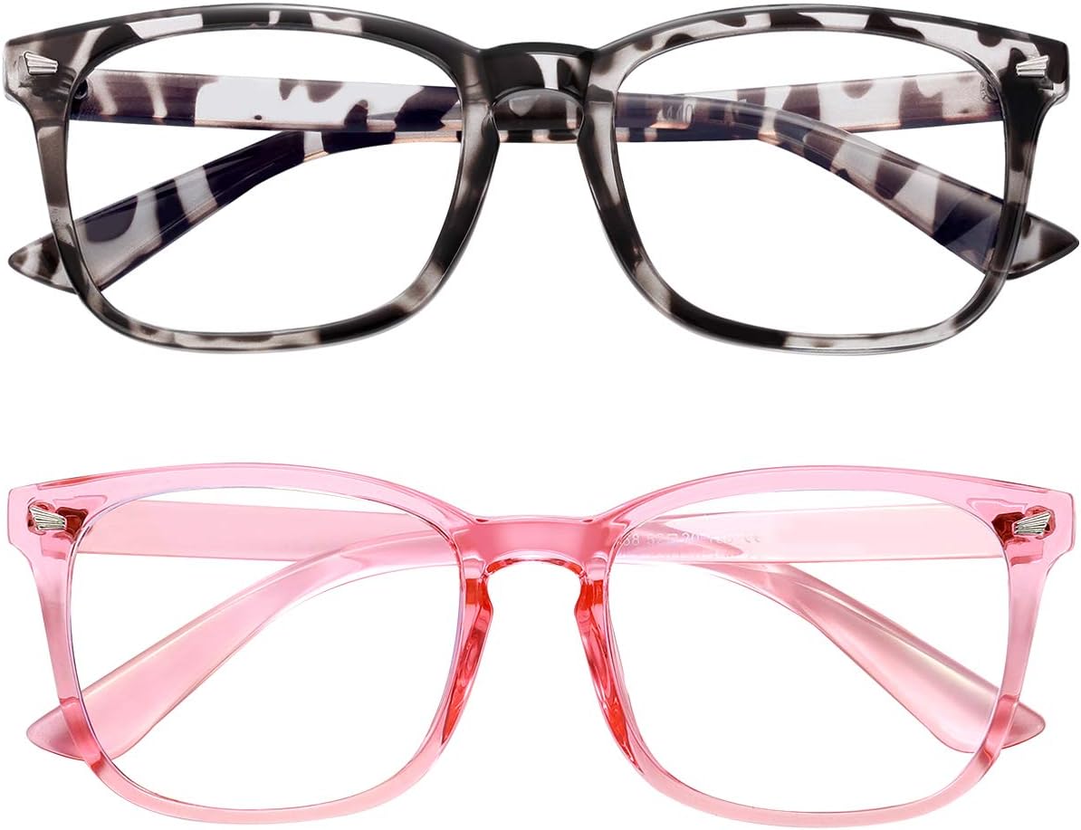 Blue Light Blocking Glasses 2pack Square Computer Glasses Women/Men, Nerd Reading Gaming Glasses Non Prescription (bean Flower+pink)