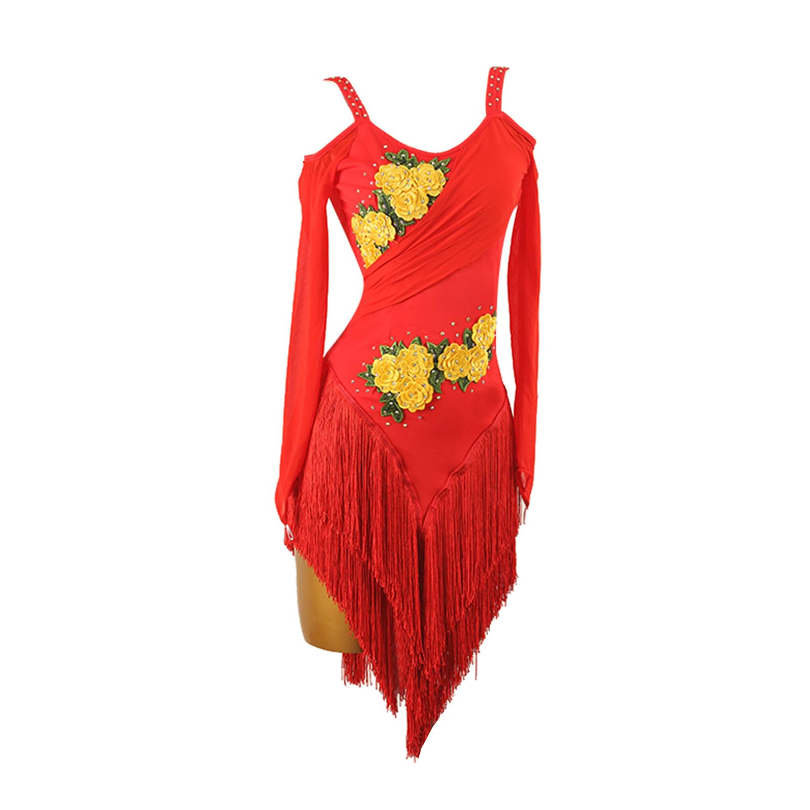 Damen Latin Rock Ballsaal Tanzkleid Wettbewerb Kleidung Langarm Schulterfrei Quasten Tanzrock Rumba Samba Cha Cha Tanzkleidung