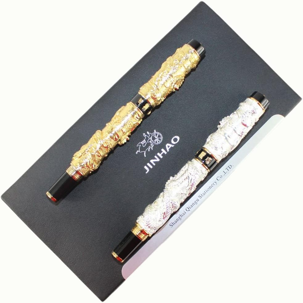 Gullor 2 Pcs Deluxe Classical Chinese Dragons Playing with the Pearl Carved 3d Rollerball Pen, White & Golden
