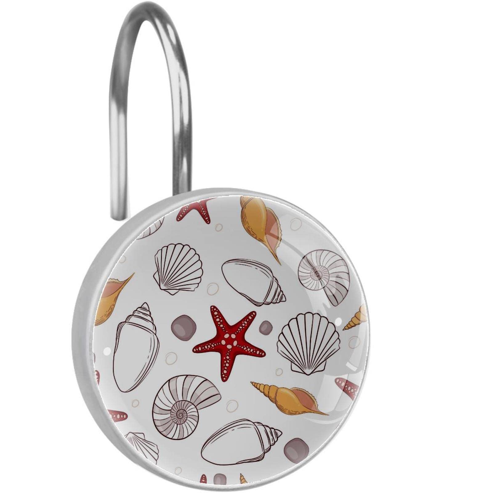 Rideau de douche et salle de bain ambiance bord de mer avec 12 crochets coquillages