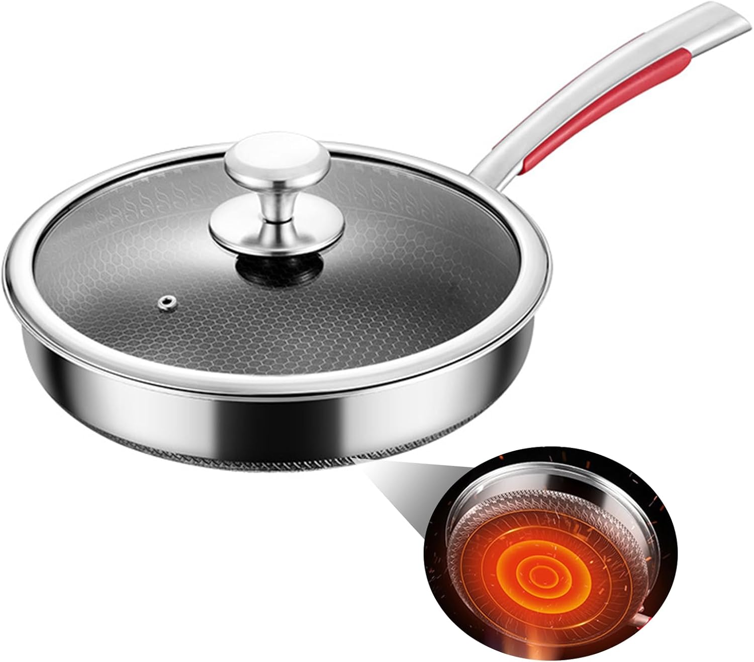 Stainless Steel Frying Pan, Hybrid Tri-Ply Nonstick Stainless Steel Skillets, Non Stick Frying Pans with Lid for All Cooktops, Dishwasher & Oven-Safe, Stay-Cool Handle, PFOA Free Cookware,Wit