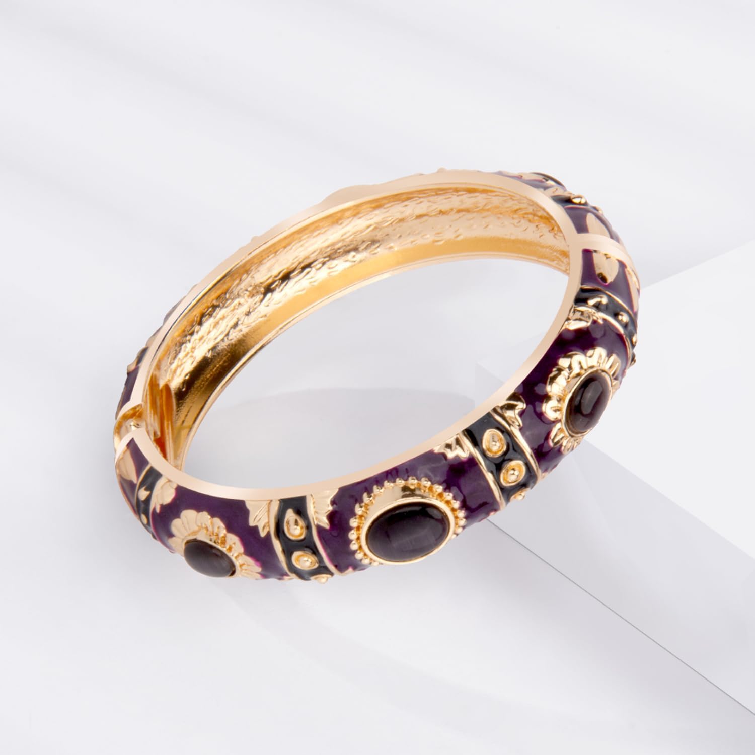 UJOY Vintage Cloisonne Jewelry Bracelet Plated Handmade Bead Rhinestones Enamel Spring Cuff Bangles 2 Pcs Set for Womens Gift 7735 - Image 6