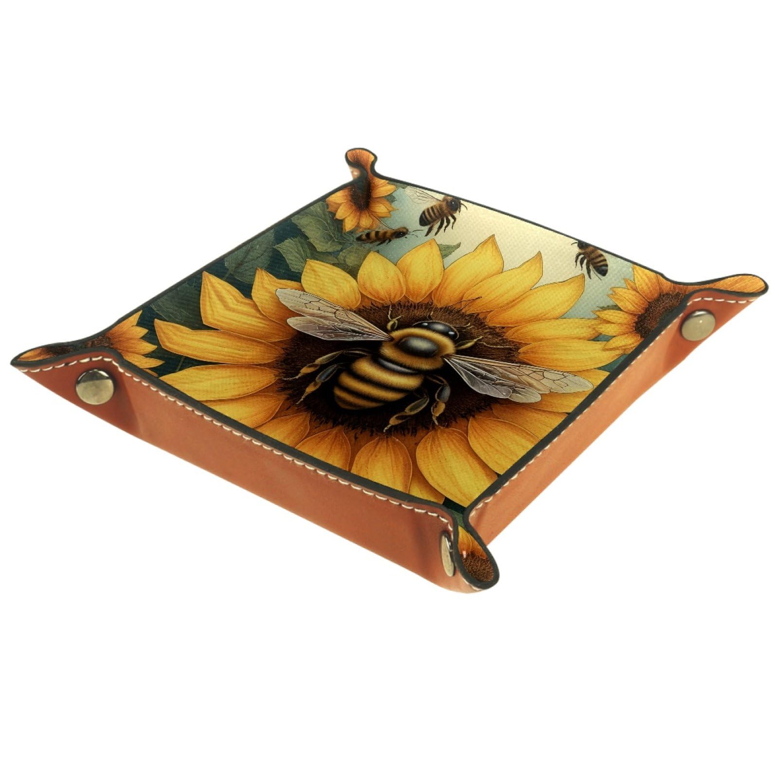 VAPOKF Bee Sunflower Portable Dice Rolling Tray, Microfiber Leather Dice Holder Game Box for D&D, RPG, Table Games or Desktop Phone Key Storage, 20.5 × 20.5 cm