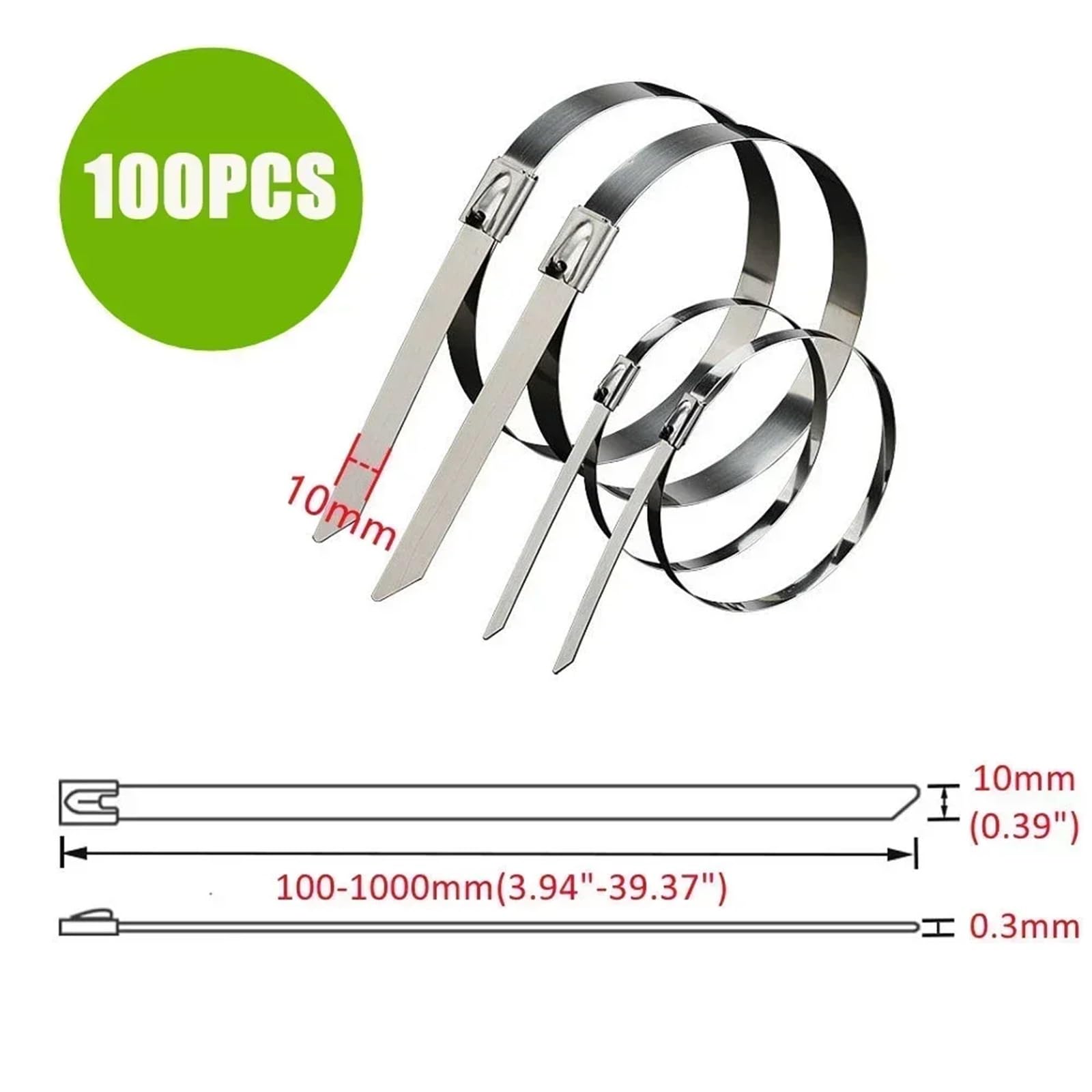 Bridas metálicas de Acero Inoxidable, Bridas for Cables de Acero Inoxidable 304, 100 Piezas, 4,6-12 mm x 100-600, autoblocantes(10mm,200mm)