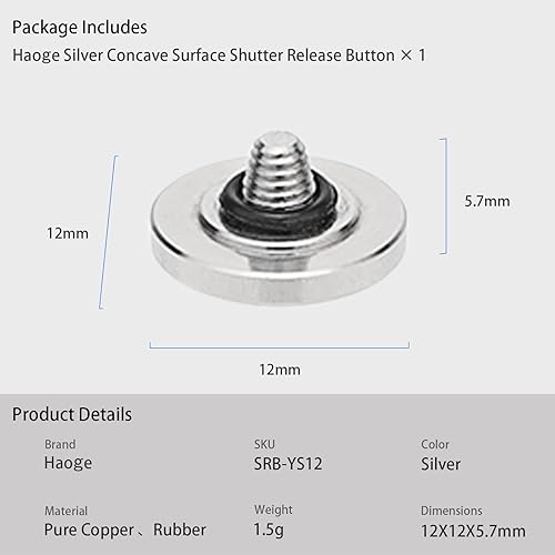 Miniatura 8 de Haoge botón de obturador metálico de 12 mm para Fujifilm XT5 X-Pro3 XT50 GFX100RF XE5 Nikon Zf DF y Leica Q3 43 M10 M-11, superficie cóncava, plata,