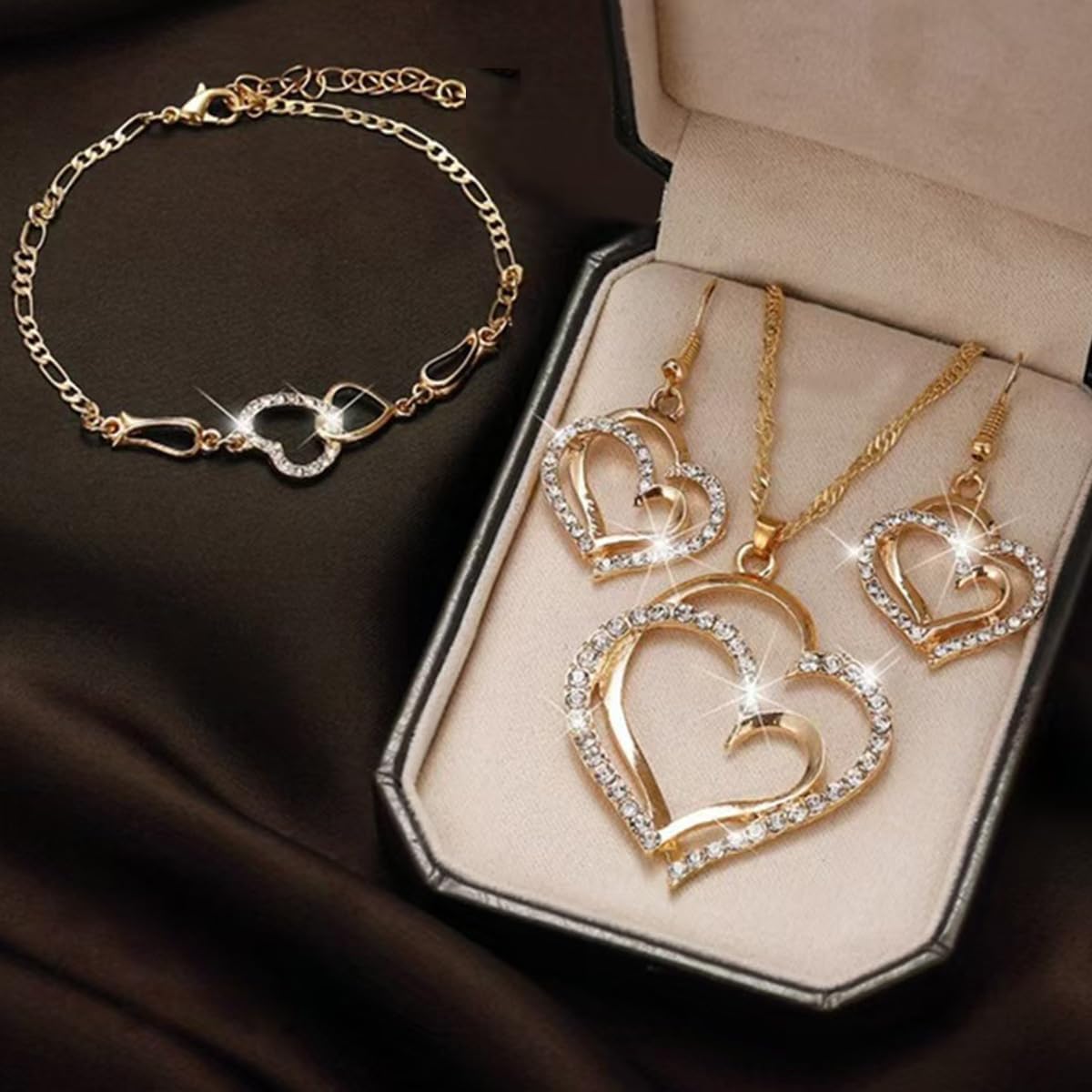 4PCS/Pack Luxury Double Heart Jewelry Set for Women, Hollow Big & Small Heart Crystal Zircon Necklace Earrings Bracelet Set, Elegant Gold Wedding Jewelry Valentine's Day Gifts